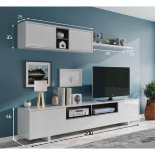 Parete attrezzata Hartford, Mobile da soggiorno porta TV, Composizione set salotto, Set salotto con pensile, cm 260x41h46, Bianco lucido