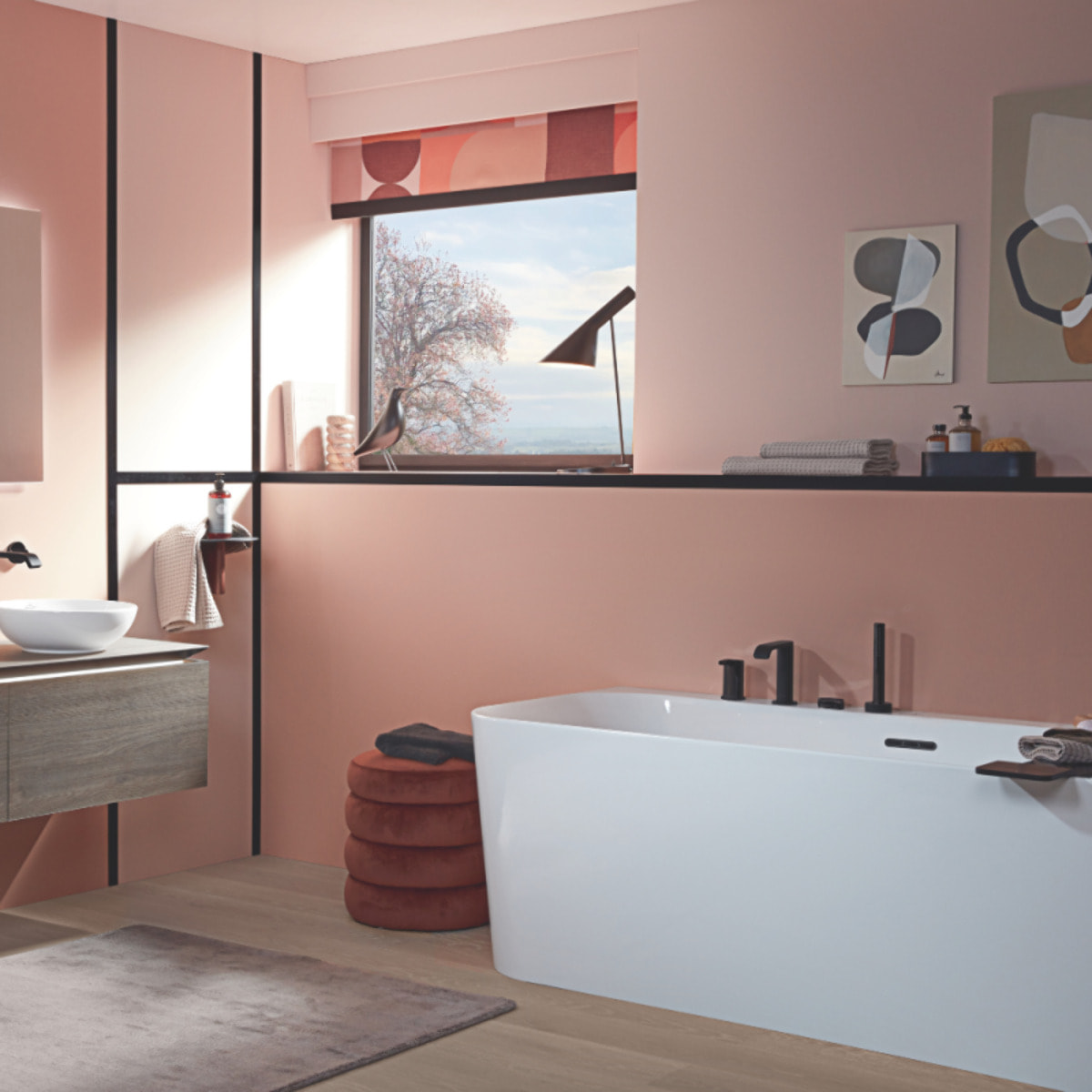 Baignoire semi-îlot d'angle VILLEROY & BOCH Loop & Friends version droite avec bonde et trop-plein blanc