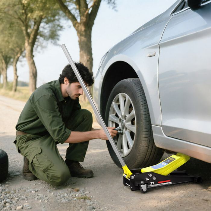 Gato Hidráulico para Coche 3T, Altura de Elevación 75-505 mm, Gato Elevador Hidráulico con Perfil Bajo, Bomba de Doble Pistón con Doble Elevación de Subida, Mango de Aluminio Ruedas para Garaje