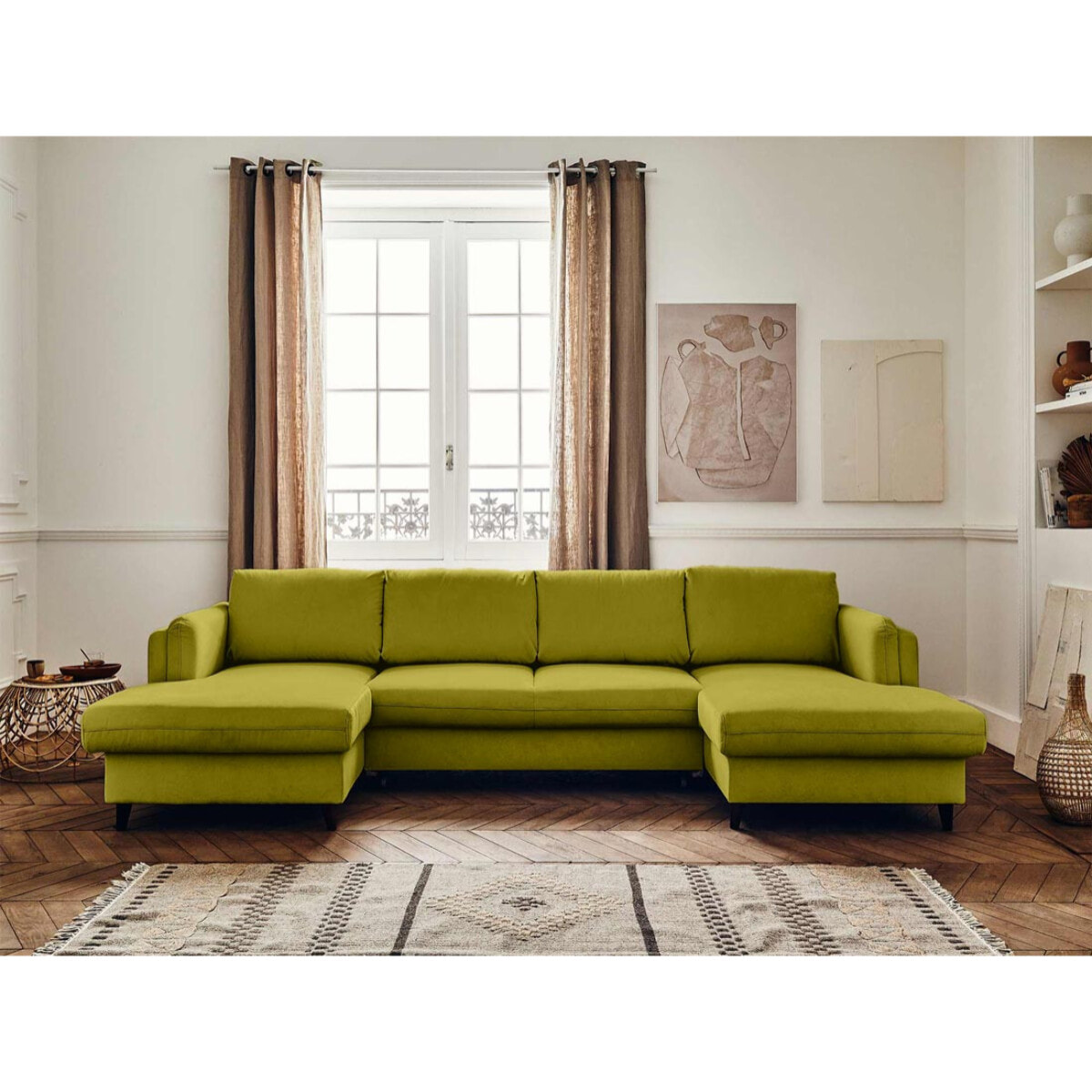 Brooke - canapé panoramique en U - 7 places - convertible avec coffre - en velours - Vert Olive
