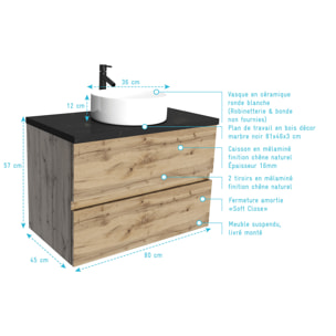 Meuble salle de bains 80cm Chêne Naturel 2 Tiroirs - Plan Effet Marbre Noir + Vasque Ronde Blanche