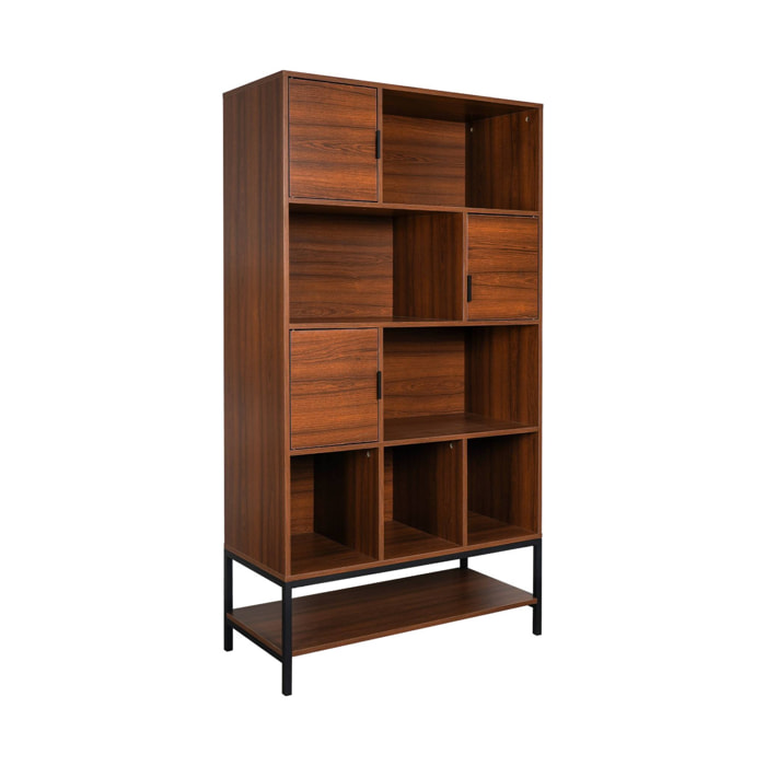 Bibliothèque style vintage en décor noyer et métal noir avec 9 compartiments (3 portes et 5 étagères)