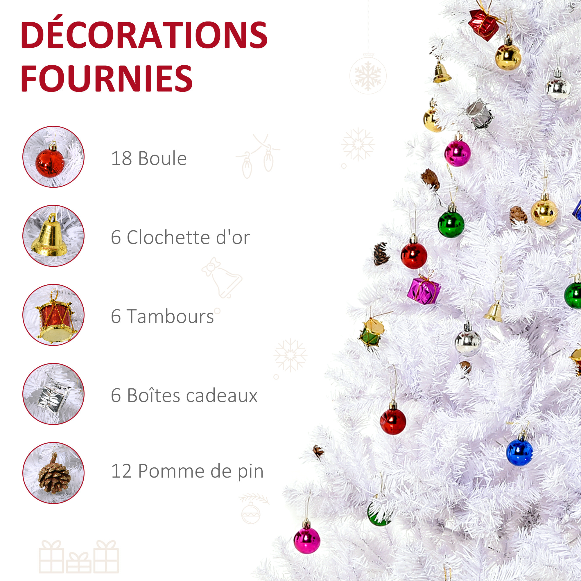 Sapin arbre de Noël artificiel blanc 150 cm 680 branches avec nombreux accessoires variés