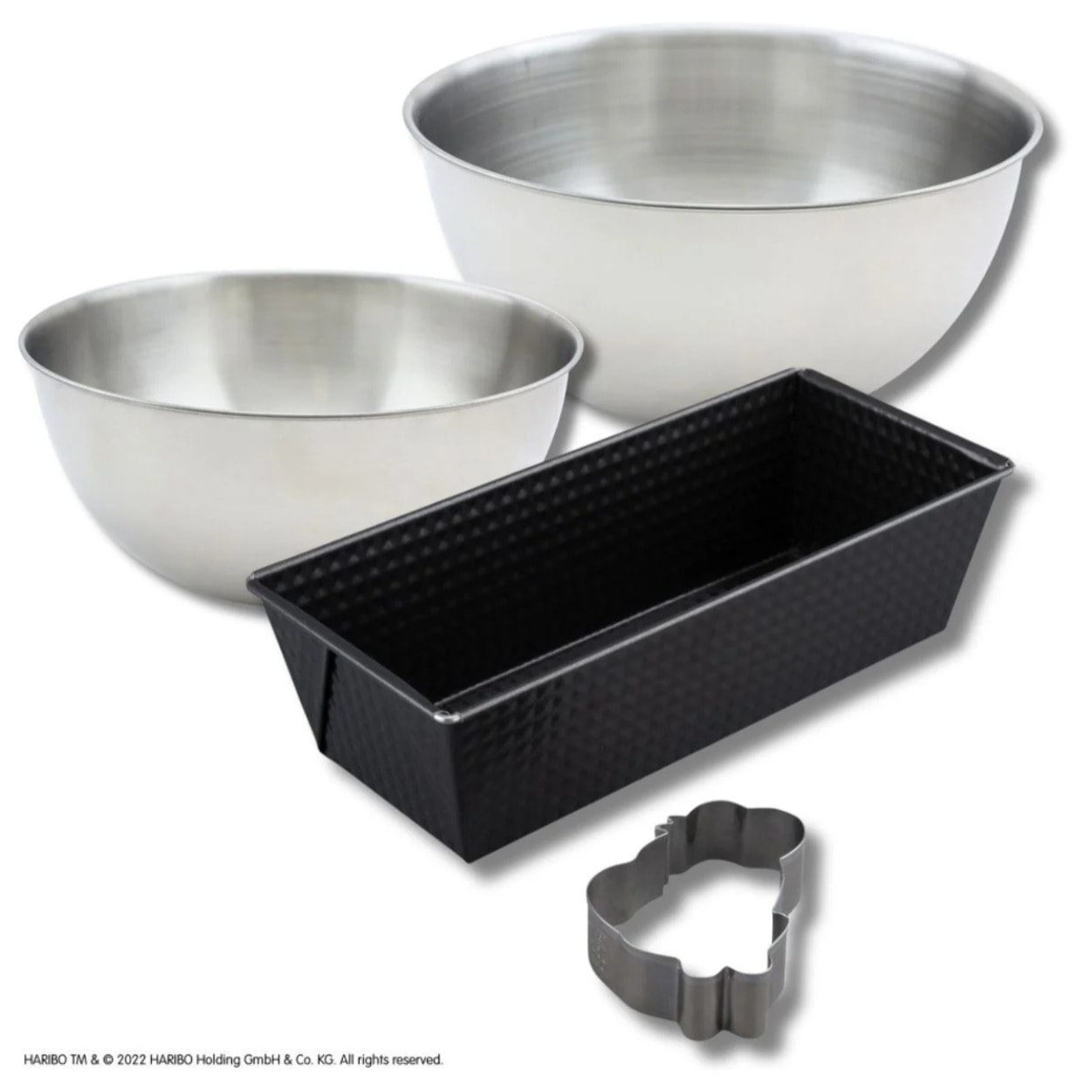 Set pâtisserie avec moule à cake 25 cm et emporte-pièce motif ourson, 2 bols à mixer et spatule Zenker