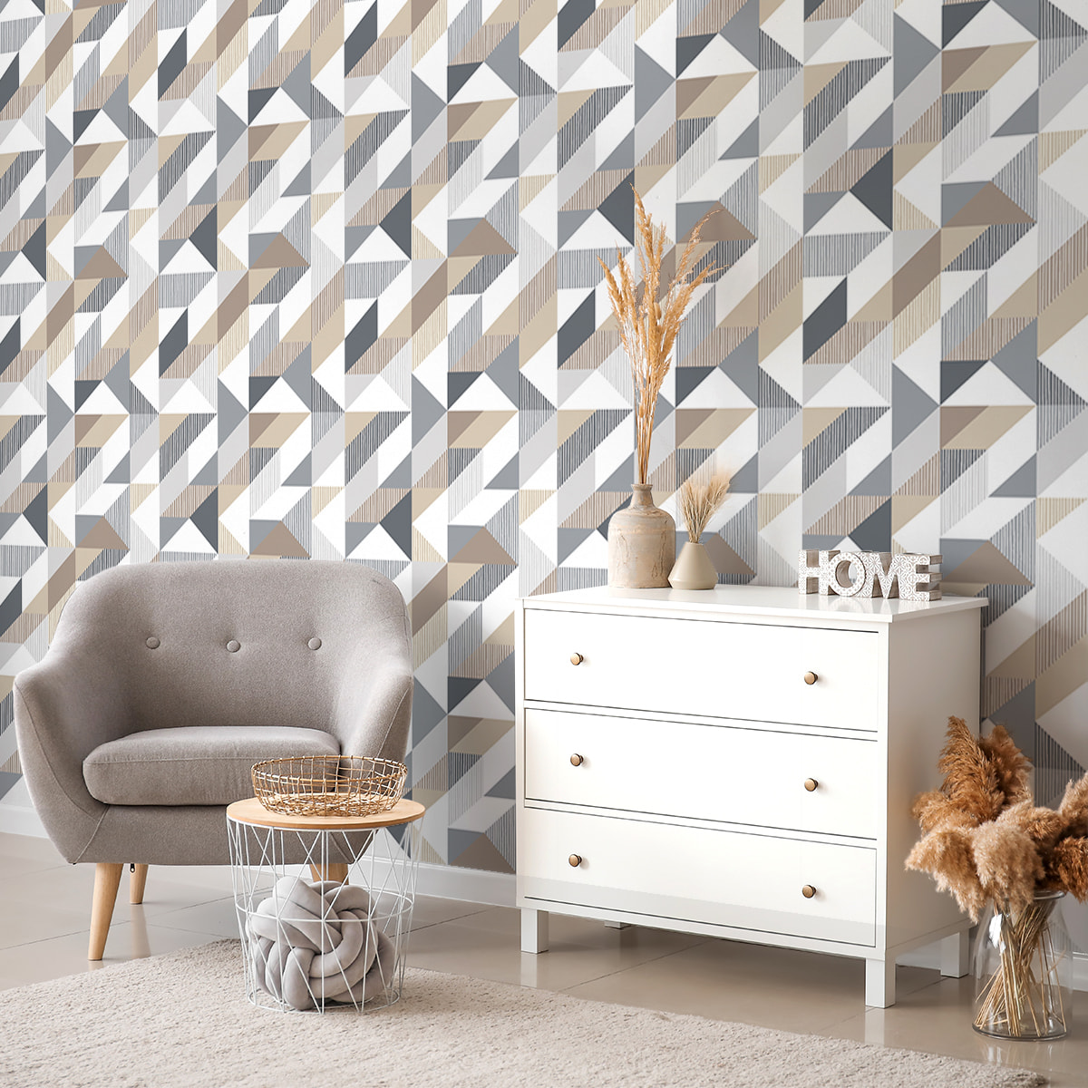 Papier peint intissé pré-encollé - SCANDINAVE GRAPHIQUE BRUN GRIS BLANC - 1 rouleau