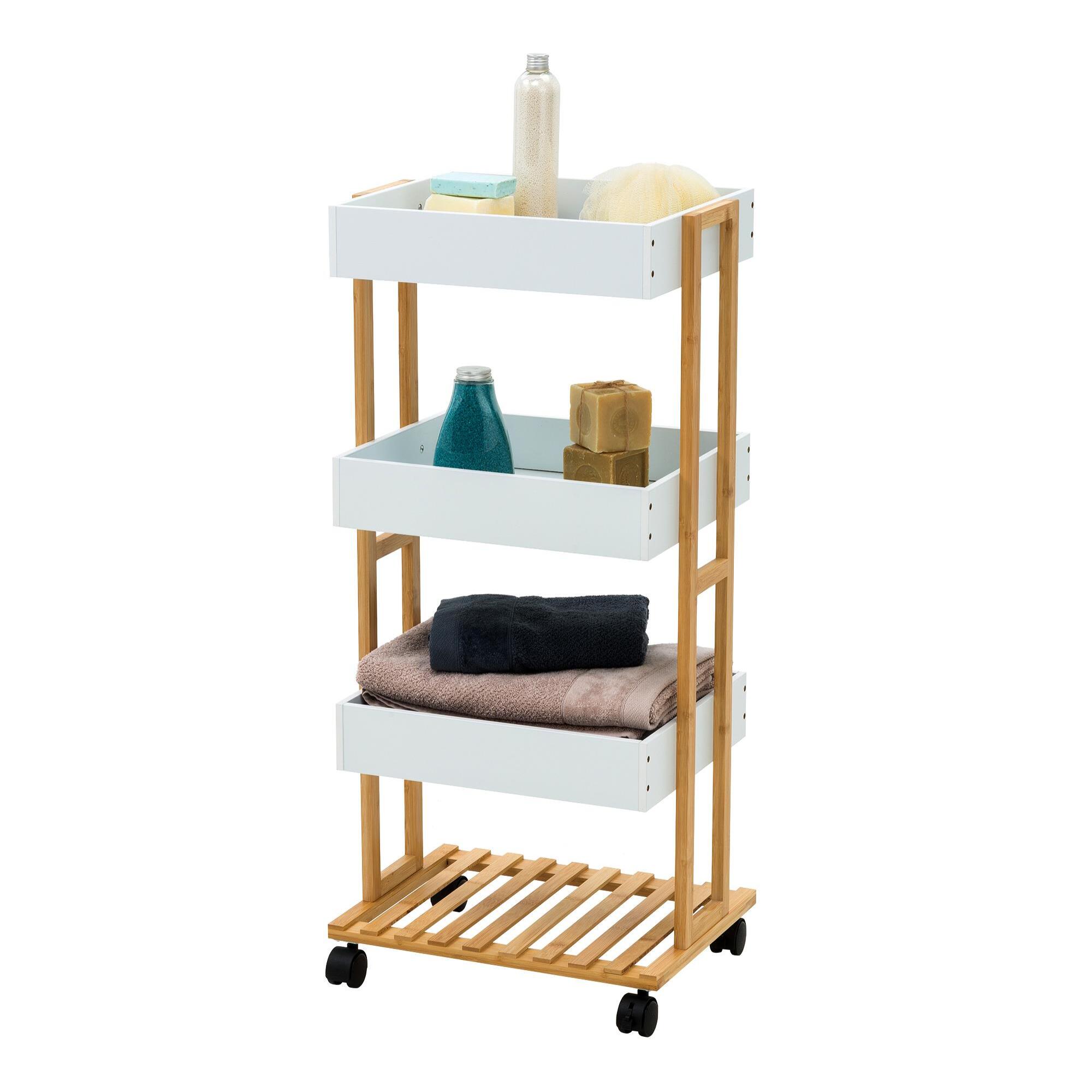 Well home carro de almacenamiento en bambú con 1 estante y 3 bandejas en color blanco 40x30x87,5cm