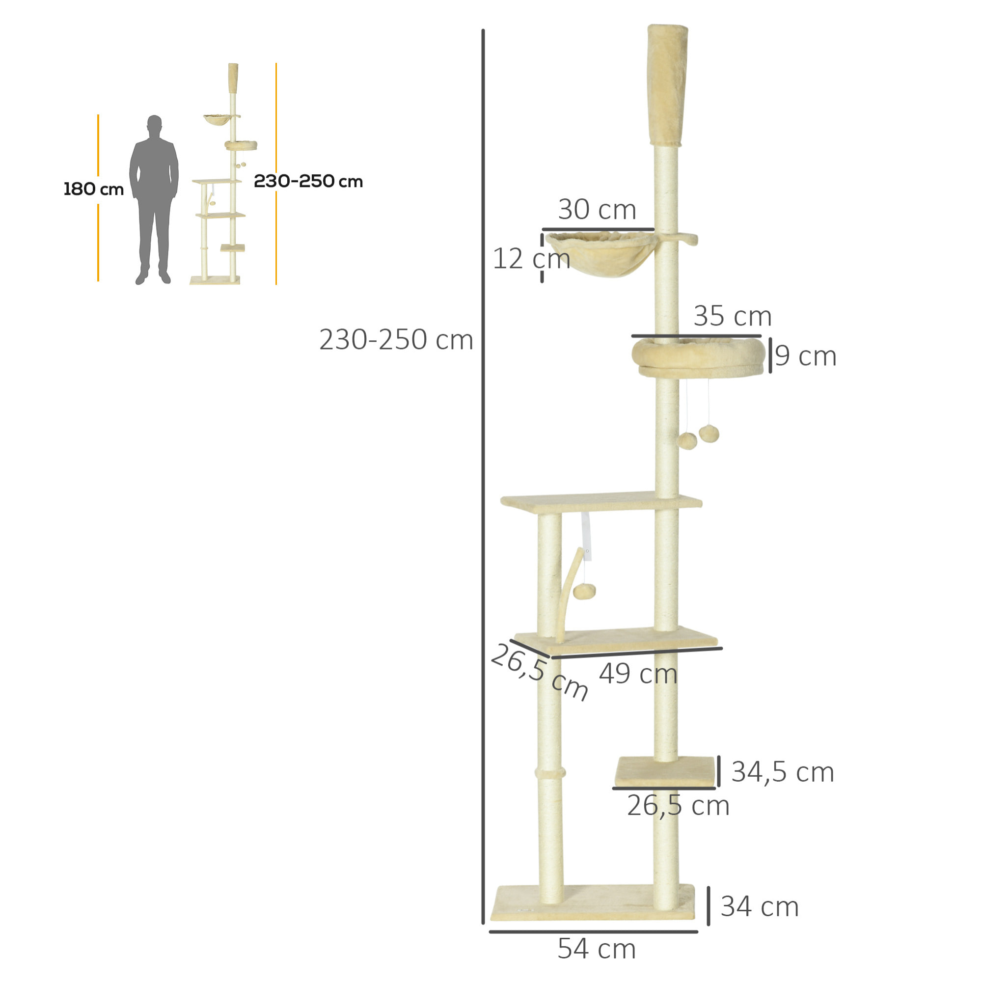 Árbol para Gatos de Suelo a Techo de 230-250 cm Árbol Rascador para Gatos con Altura Ajustable Múltiples Plataformas Cestos Hamaca Bolas Colgantes Beige