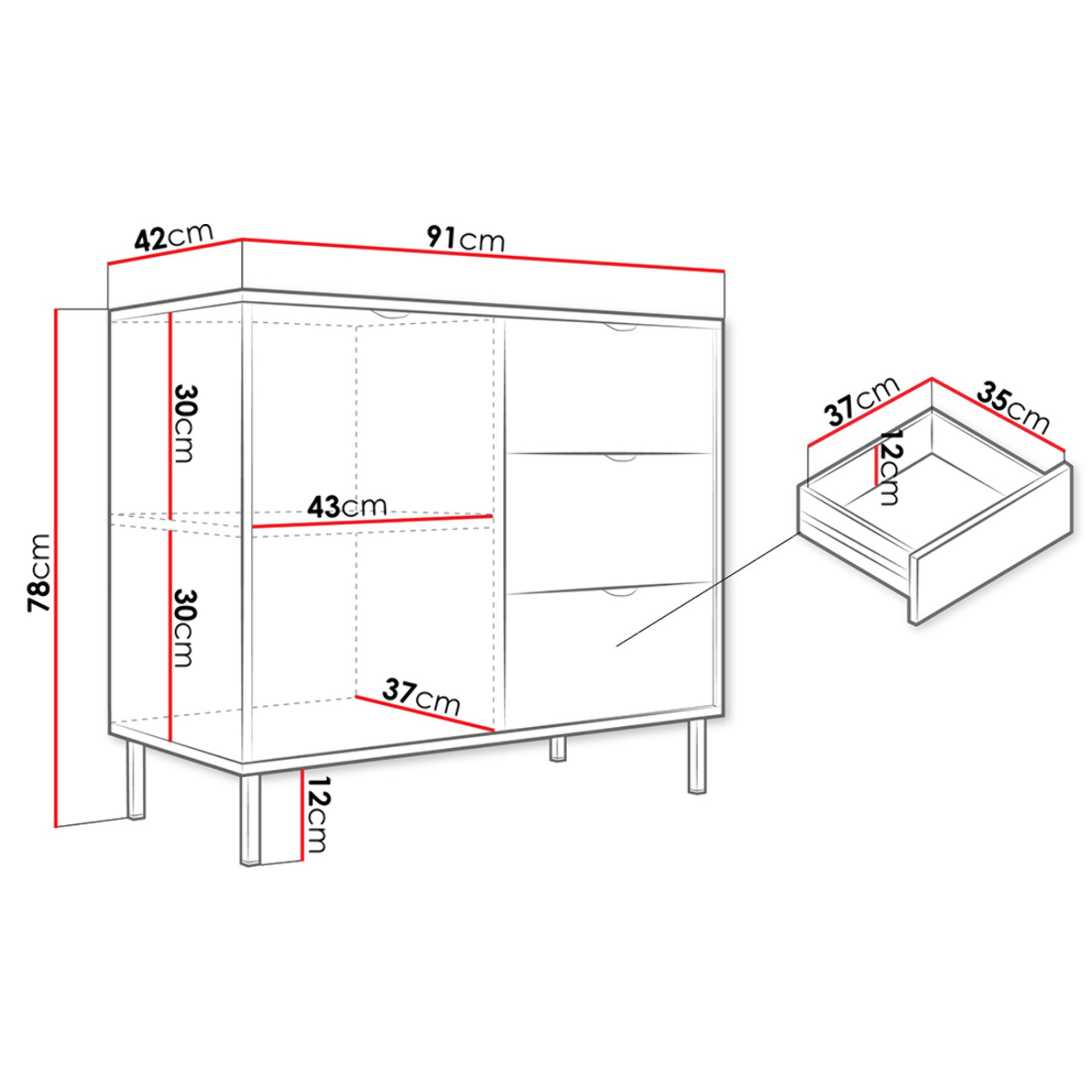 Hope - buffet bas 91 cm - 3 tiroirs et 1 porte - Blanc / Doré