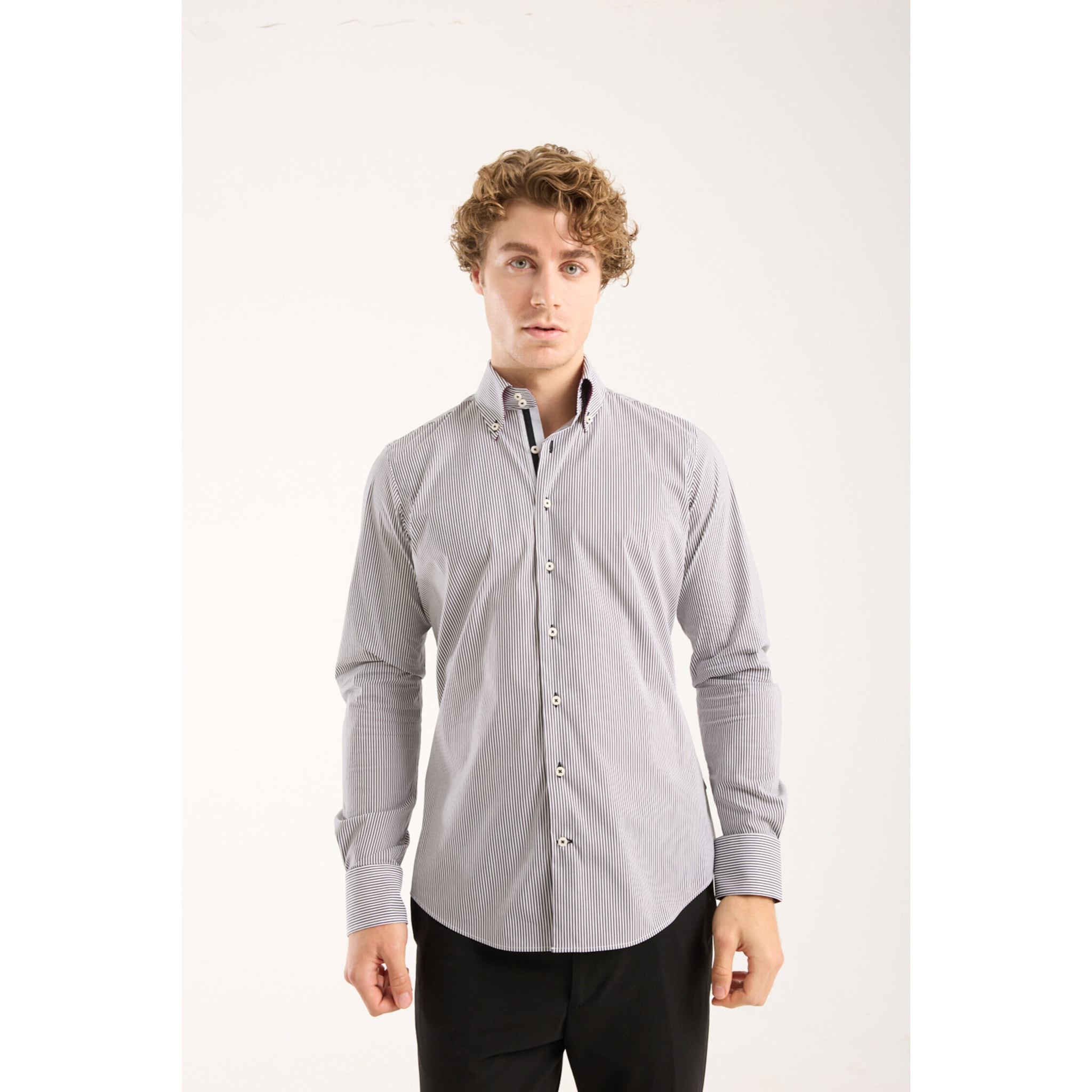 Camicia Uomo 2 Bottoni Button Down Slim Popeline Riga Media Bianco/Nero