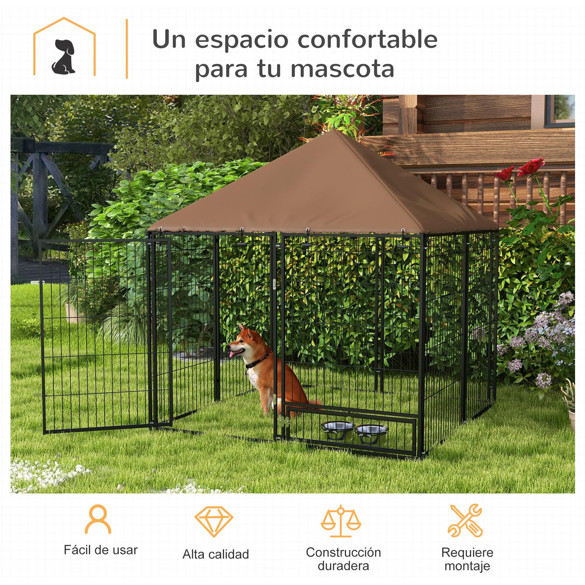 Perrera con Toldo Parque para Perros Metálica de Exterior con Soporte Giratorio para Comida 2 Cuencos para Patio Jardín Terraza 141x141x151 cm Negro