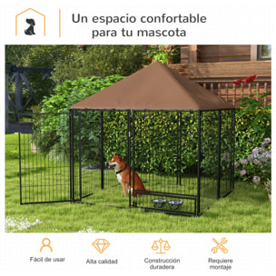 Perrera con Toldo Parque para Perros Metálica de Exterior con Soporte Giratorio para Comida 2 Cuencos para Patio Jardín Terraza 141x141x151 cm Negro