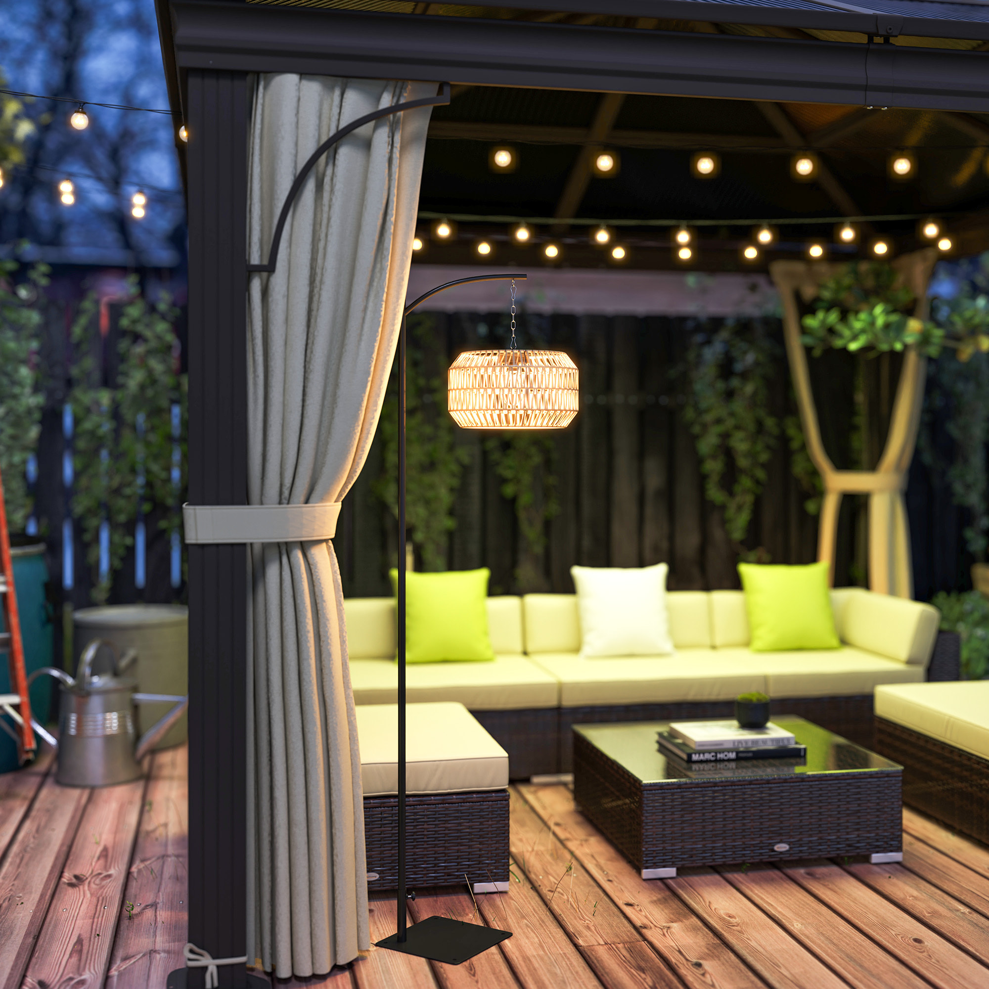 Lampadaire extérieur LED style bohème abat-jour résine tressée effet rotin