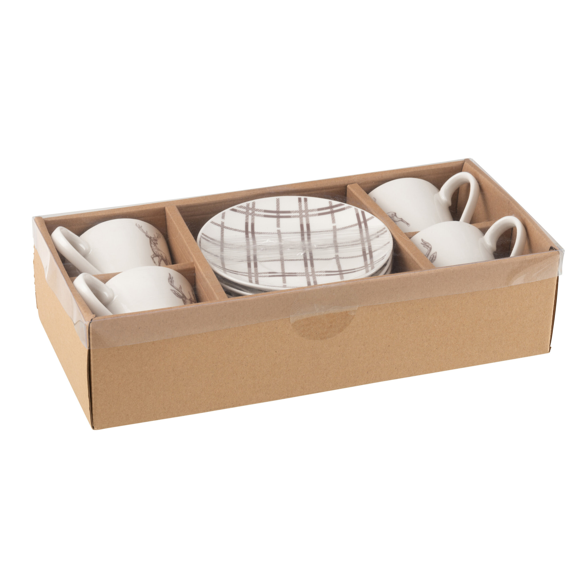 J-Line tasse de thé + sous-tasse Renne - céramique blanc/marron - large - boîte de 4