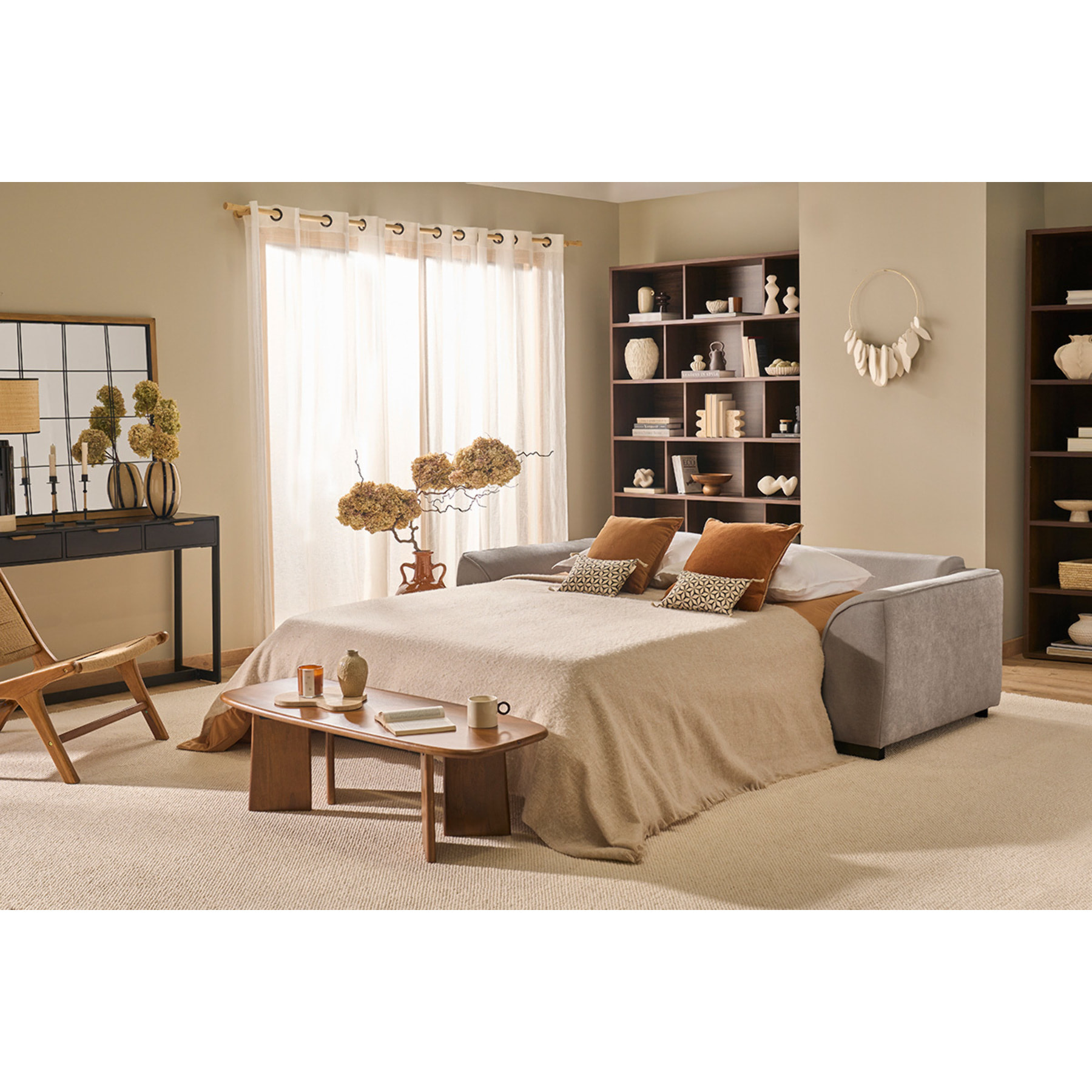 Canapé convertible 3 places en tissu effet velours taupe avec matelas 12 cm ARMAND