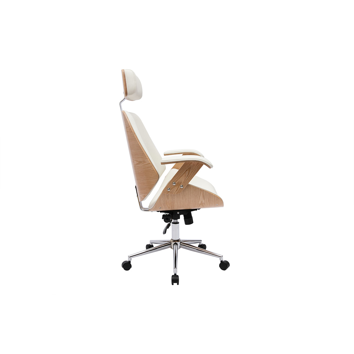 Fauteuil de bureau de direction design blanc, bois clair et acier chromé MUSK