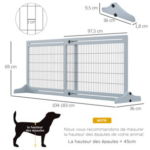 Barrière de sécurité chien barrière autoportante longueur réglable dim. 104-183L x 36l x 69H cm bois pin gris acier noir