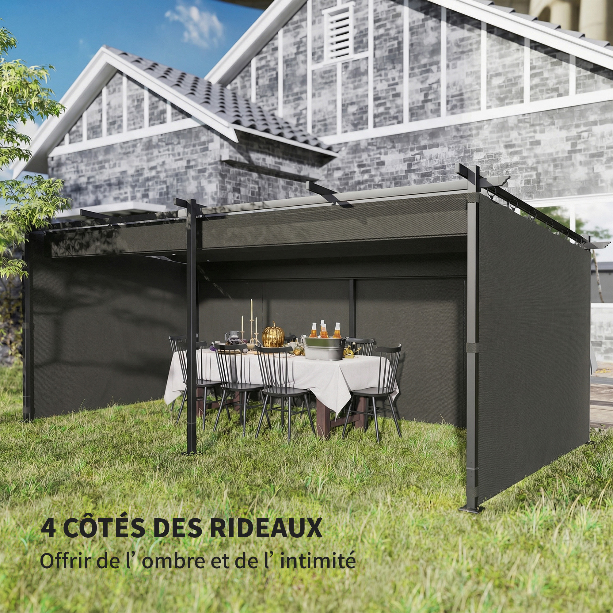 Pergola coulissante rétractable 3 x 6 m 4 rideaux latéraux amovibles alu métal toile anthracite