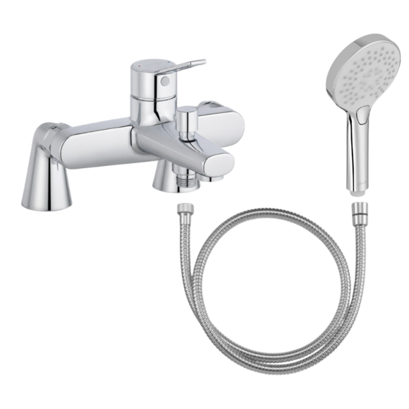 Mitigeur baignoire Eo + pommeau de douche Metro + flexible de douche métal + colonnettes