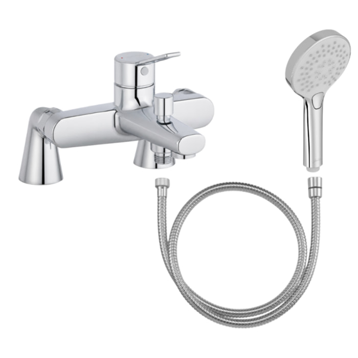 Mitigeur baignoire Eo + pommeau de douche Metro + flexible de douche métal + colonnettes