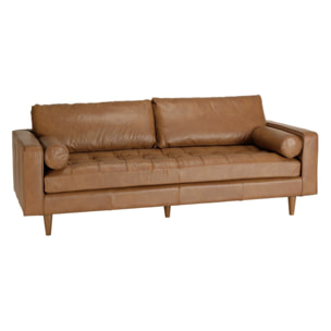 PIERRE - Canapé 3 places cuir couleur caramel assise capitonnée
