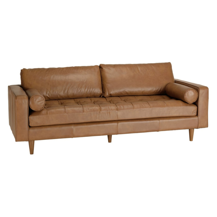 PIERRE - Canapé 3 places cuir couleur caramel assise capitonnée