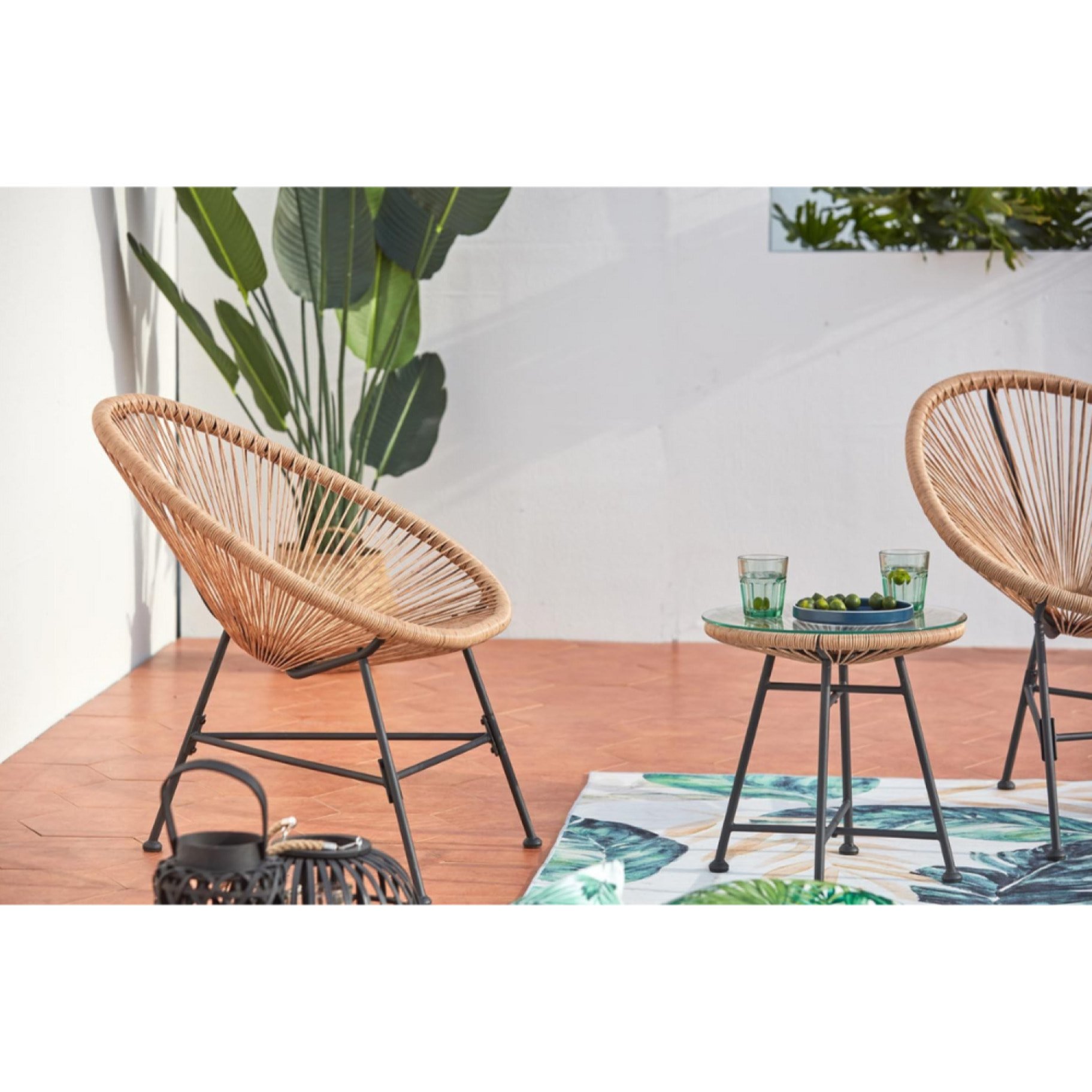 Salon de jardin 2 fauteuils ronds et table basse naturel LIO