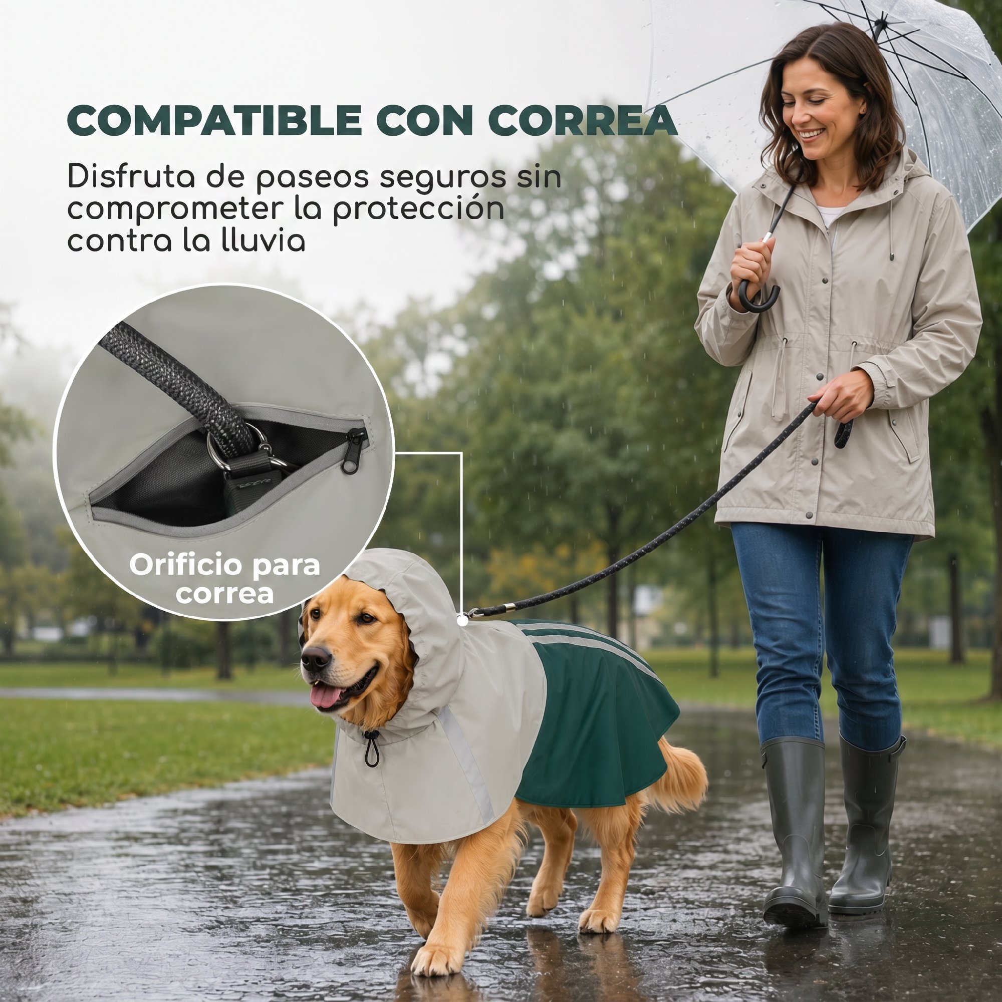 Impermeable para Perros con Capucha, Chubasquero Impermeable y Transpirable con Agujero para Correa, Tiras Reflectantes, Poncho Ajustable para Perros Grandes de 20-30 kg, L, Verde
