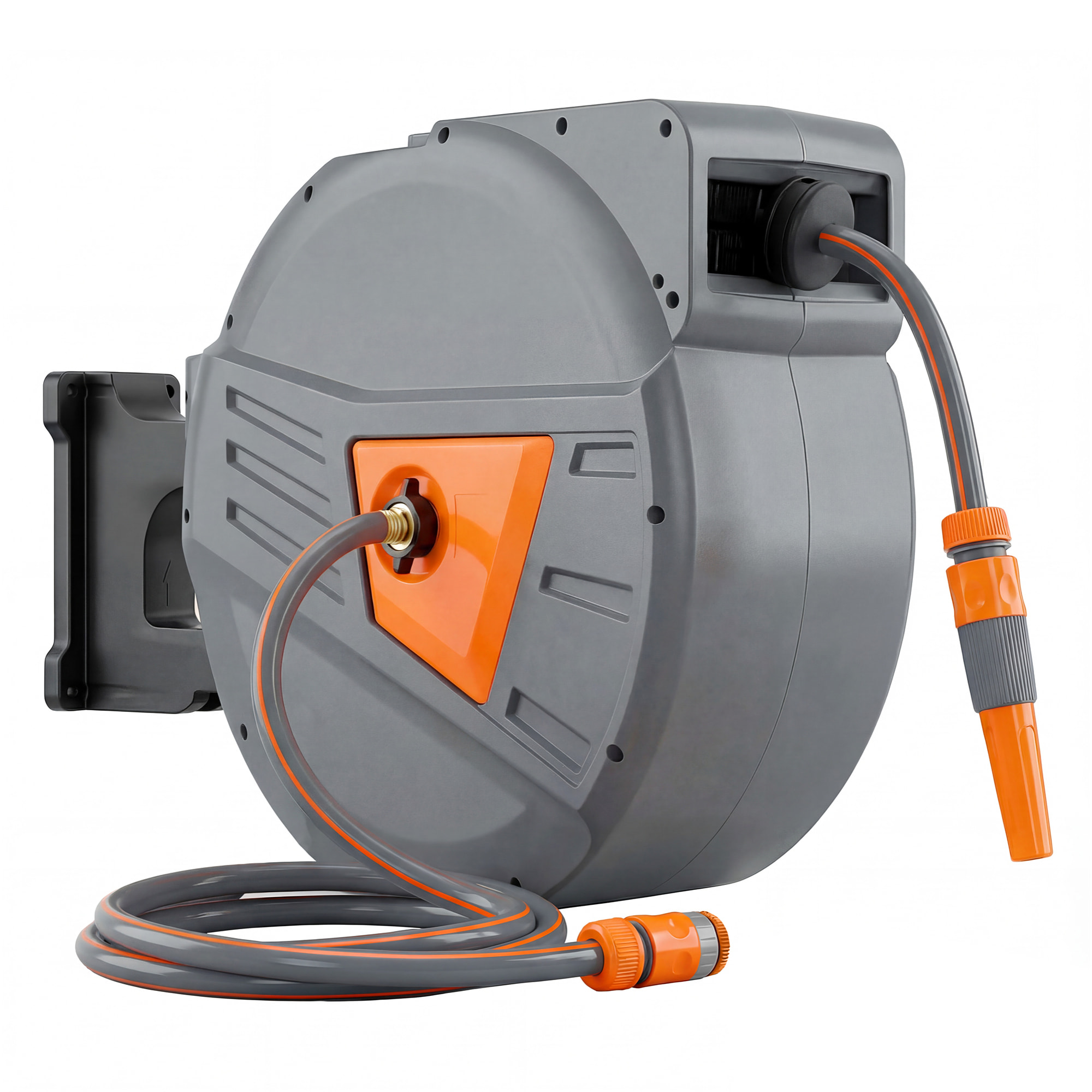 Dévidoir mural enrouleur automatique pivotant 180° tuyau 40 + 2 m avec lance arrosage 2 modes support mural intégré orange gris