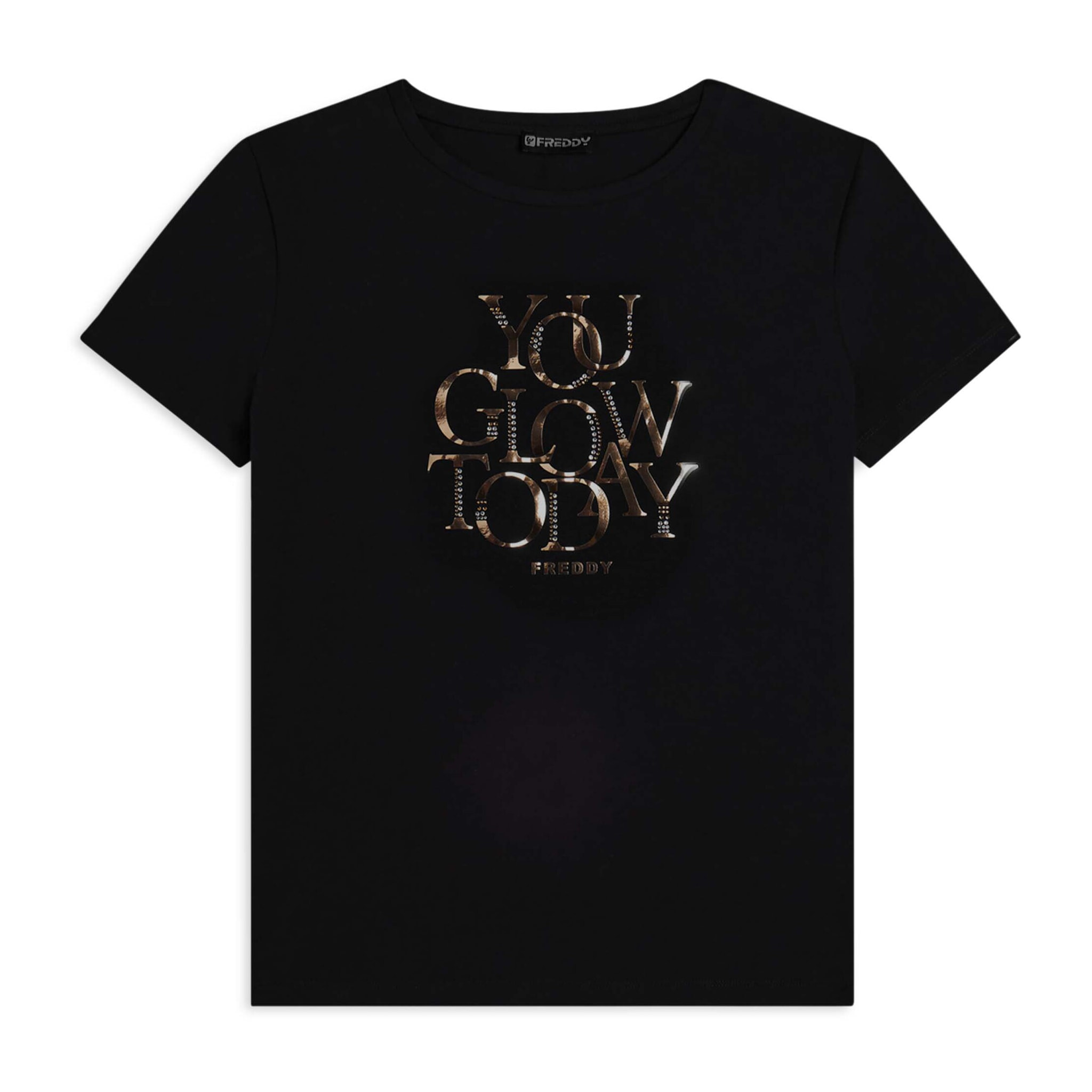 T-shirt con strass “You Glow Today”