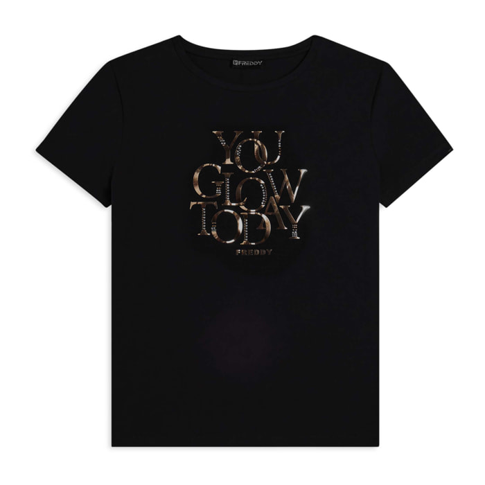 T-shirt con strass “You Glow Today”