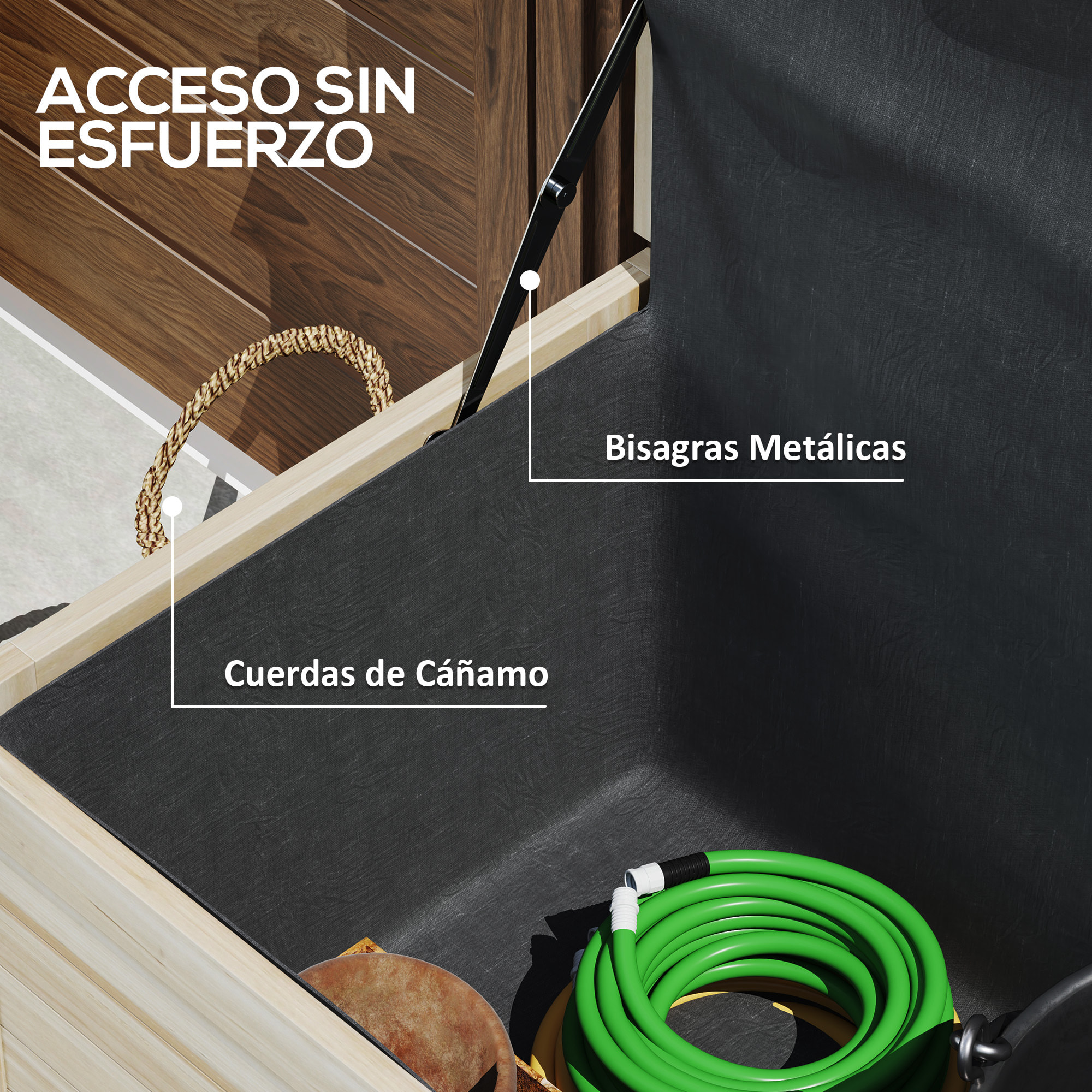 Baúl de Almacenaje Exterior 185L Arcón de Jardín de Madera Impermeable con Tapa Abrible 2 Ruedas Cuerdas de Lino Bisagras Metálicas y Forro Interno 110x50x50 cm Natural