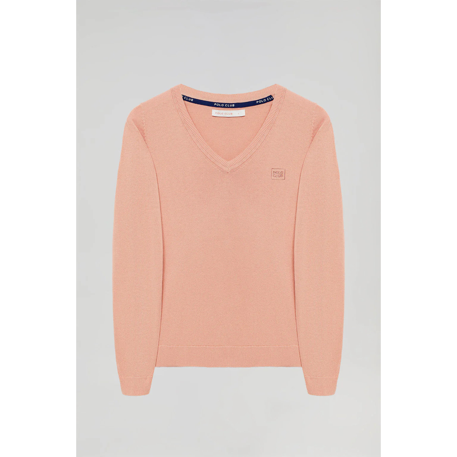 Maglione basic rosa pallido con scollo a V e logo ricamato tono su tono