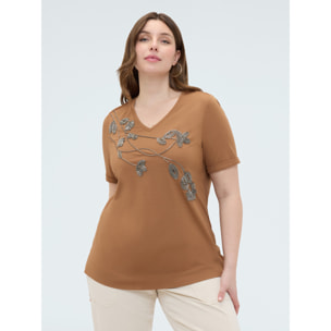 Fiorella Rubino - T-shirt in cotone con ricamo floreale - Marrone