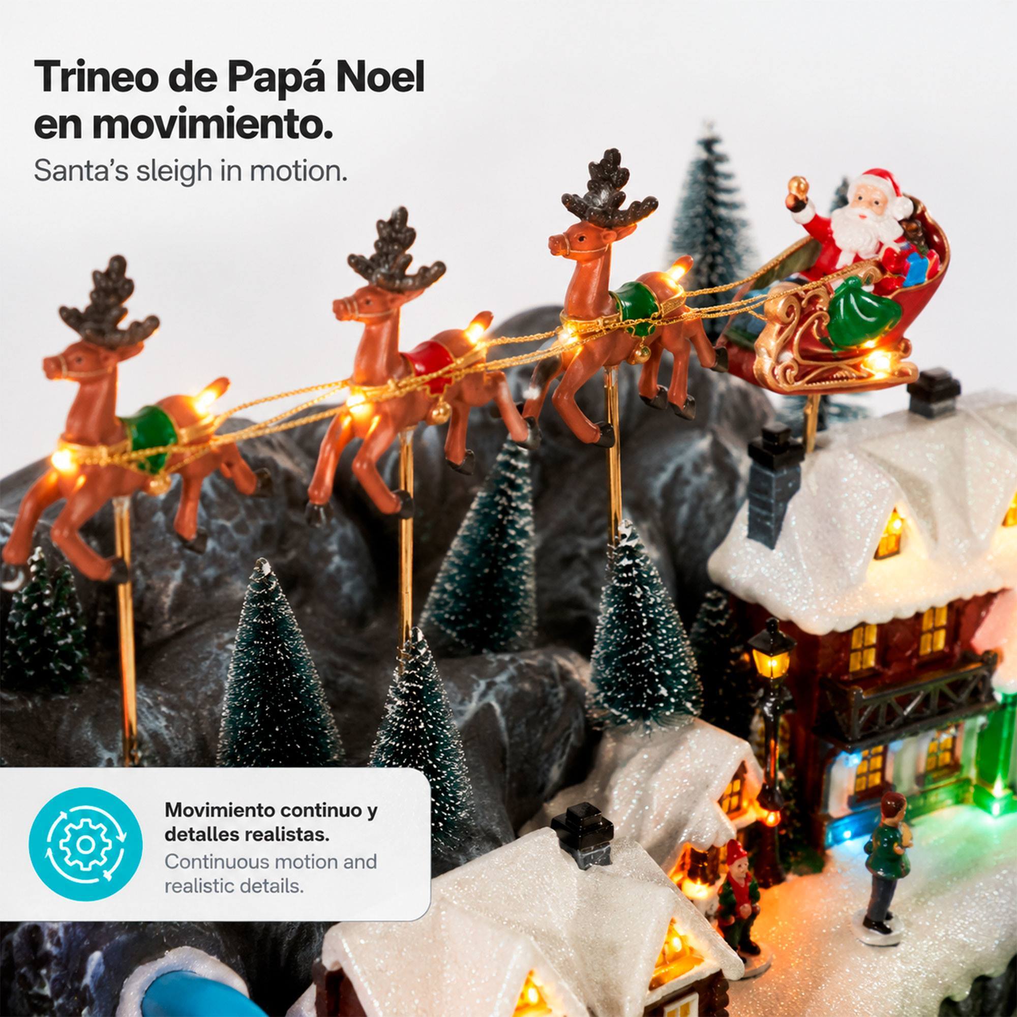 Pueblo navideño con trineo de papá noel con luces led, movimiento y música, usb o pilas 59,5x35,5x38,5 cm