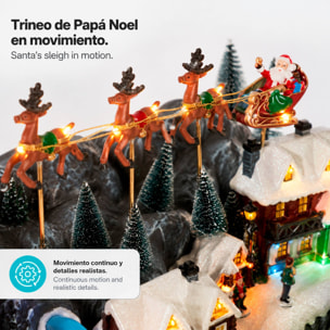 Pueblo navideño con trineo de papá noel con luces led, movimiento y música, usb o pilas 59,5x35,5x38,5 cm