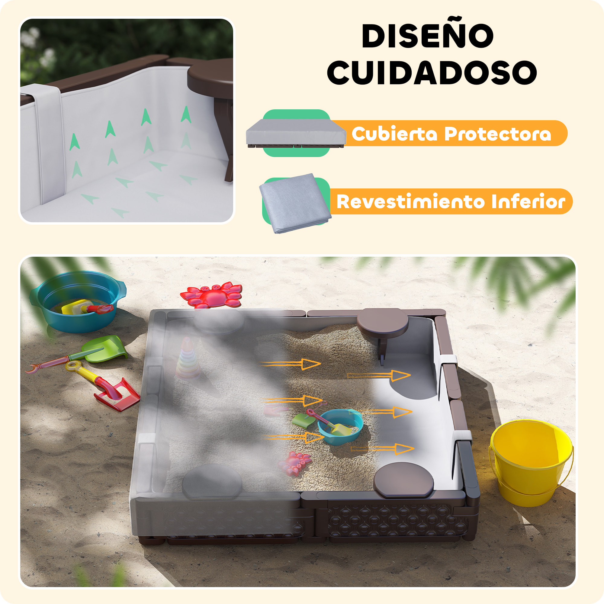 Arenero para Niños de 18-60 Meses Arenero Infantil Cuadrada con Cubierta y Asientos Arenero para Exterior 119x119x22 cm Marrón