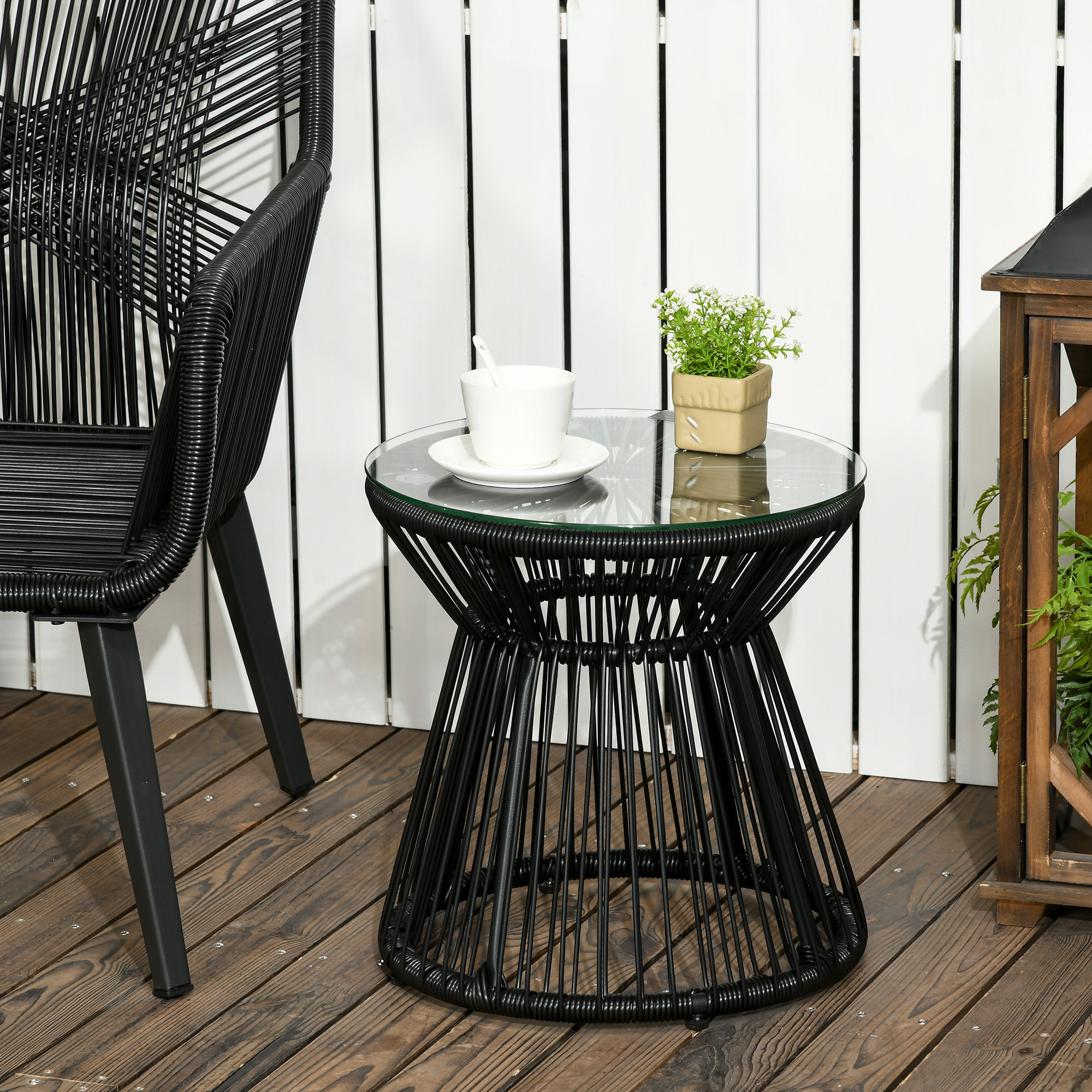 Mesa de Jardín de Ratán Sintético Mesa de Centro Redonda con Tablero de Vidrio Templado y Marco de Metal Carga 30 kg para Patio Jardín Balcón Ø40x42 cm Negro