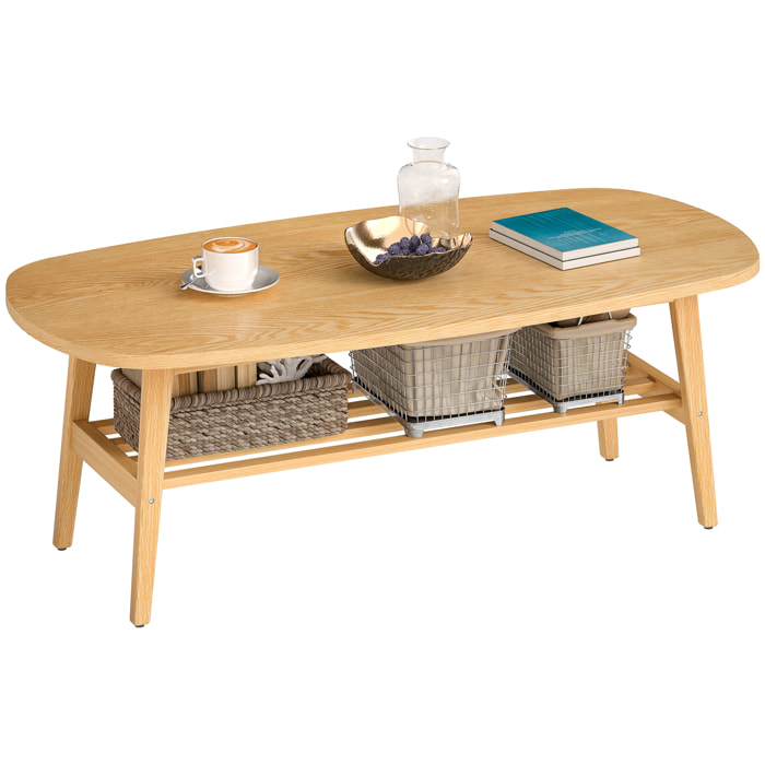Mesa de Centro de 2 Niveles, Mesa baja para Salón Moderno con Estante Abierto Inferior y Patas de Madera de Caucho, para Sala de Estar, Dormitorio, 120x60x42cm, Natural