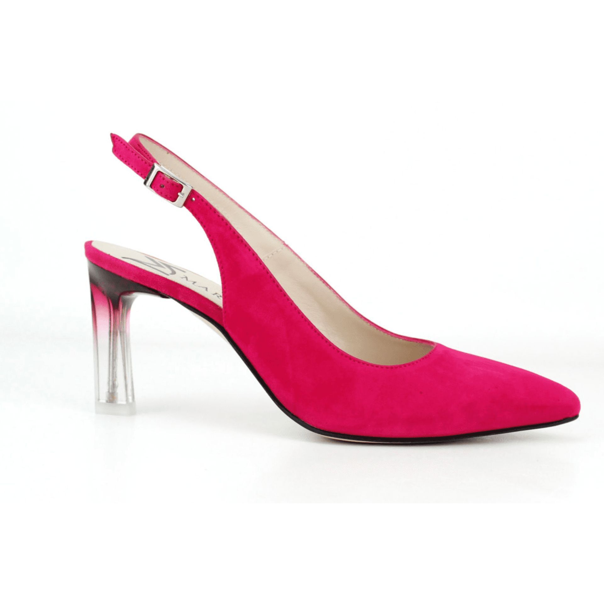 Salón en color fucsia con tacón en metacrilato combi. Tacón 7 cm