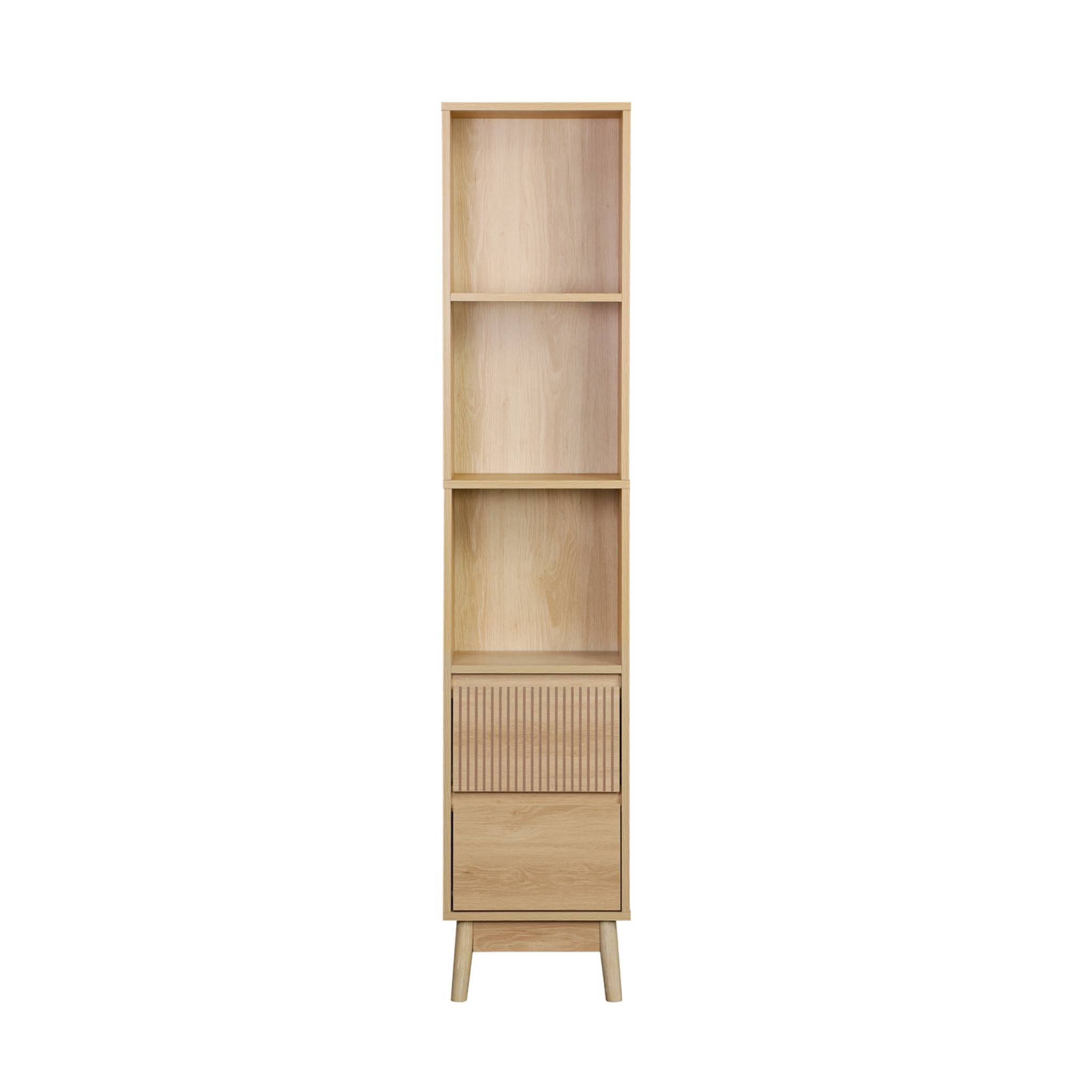 Colonne de rangement décor bois LINEAR 3 étagères 2 tiroirs. 35 x 25 x 167 cm. Naturel