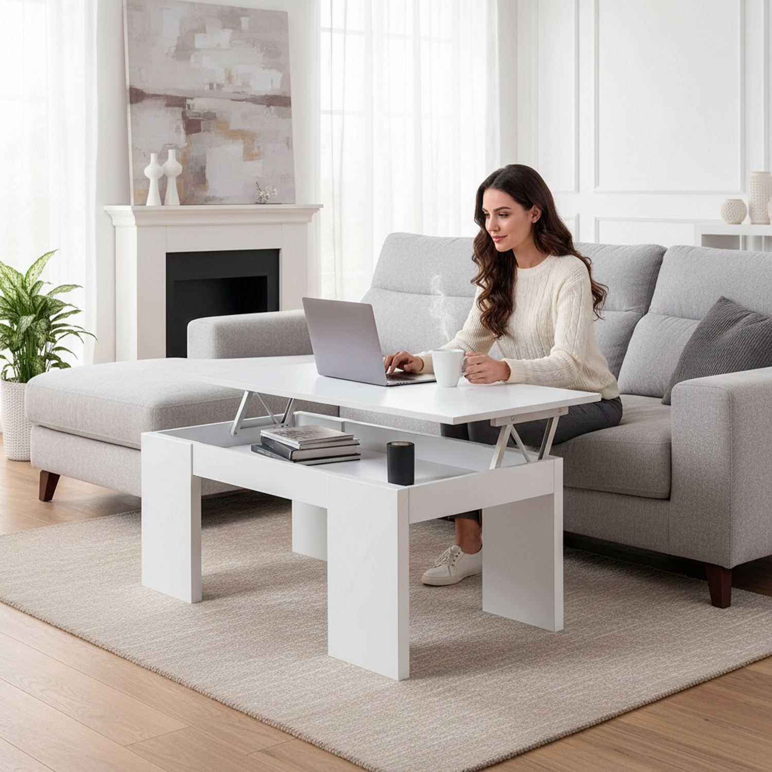 Tavolino Da Caffè Sollevabile Tavolo Da Salotto Rialzabile Salvaspazio Per Mangiare O Lavorare Dal Divano Con Piano Rialzabile 100 x 50 x 42 Cm Bianco