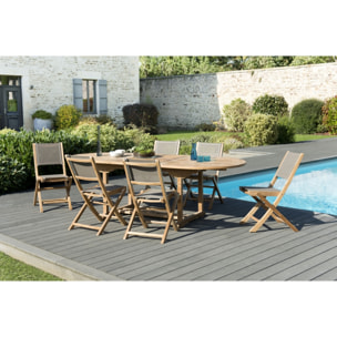 HARRIS - SALON DE JARDIN EN BOIS TECK 8/10 personnes - 1 Table ovale extensible 180/240*100 cm et 6 chaises taupe