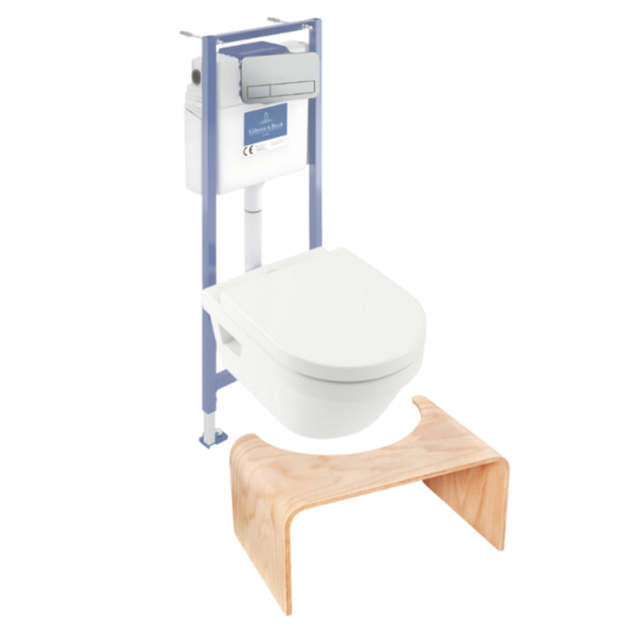 Pack WC sans bride Architectura avec abattant + bâti-support sol et mur Viconnect PRO + plaque chromée mat  + Tabouret bois
