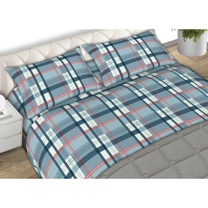 Completo Lenzuola In Flanella Plaid Azzurro CN