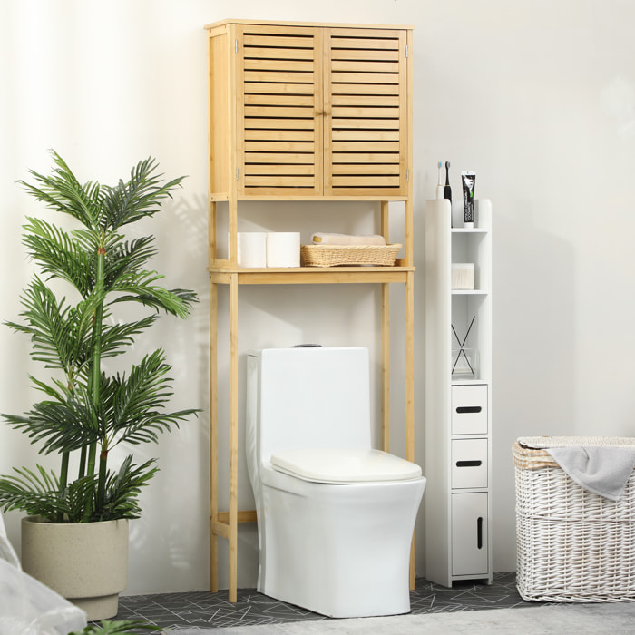 Meuble WC meuble dessus toilettes style cosy dim. 60L x 23l x 173H cm portes à lattes étagère bambou MDF aspect bois clair