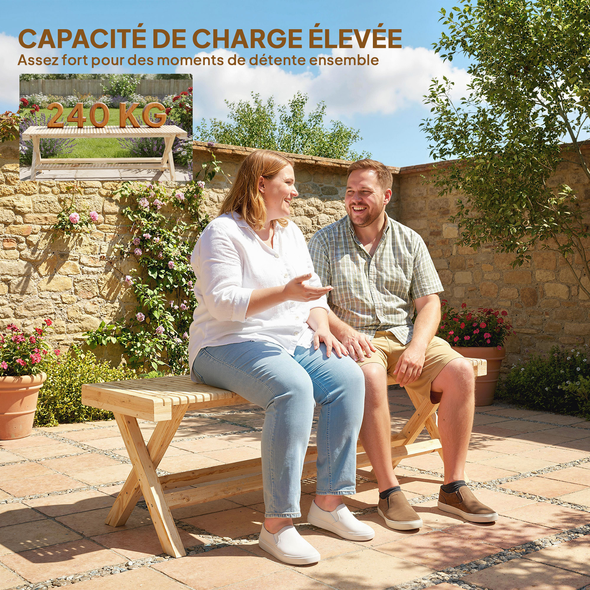 Banc de jardin 2 places assise à lattes bois massif naturel