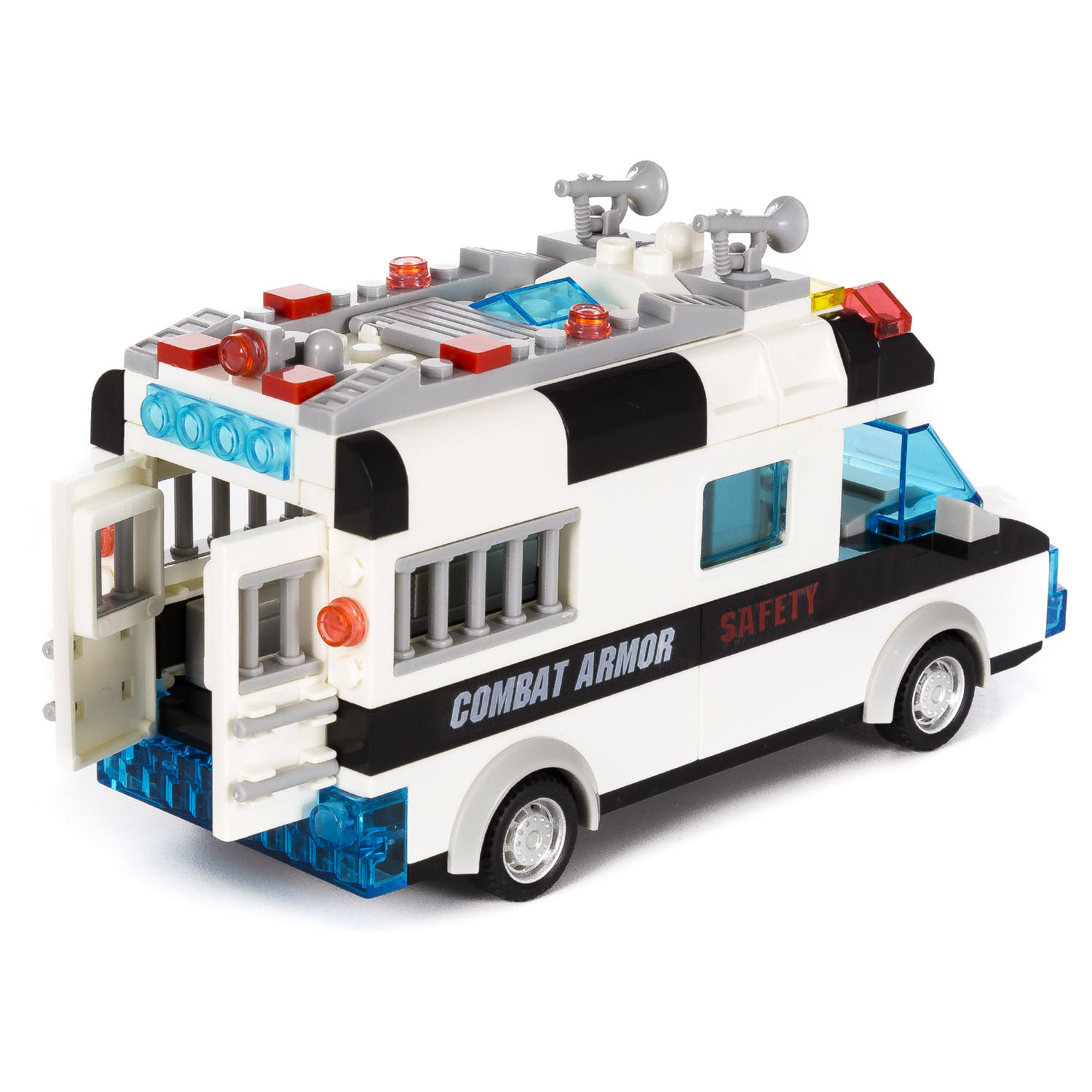 Furgone di polizia SWAT con luci ed effetti sonori. Da costruire, 77 pezzi. Funzionamento ad inerzia inversa.