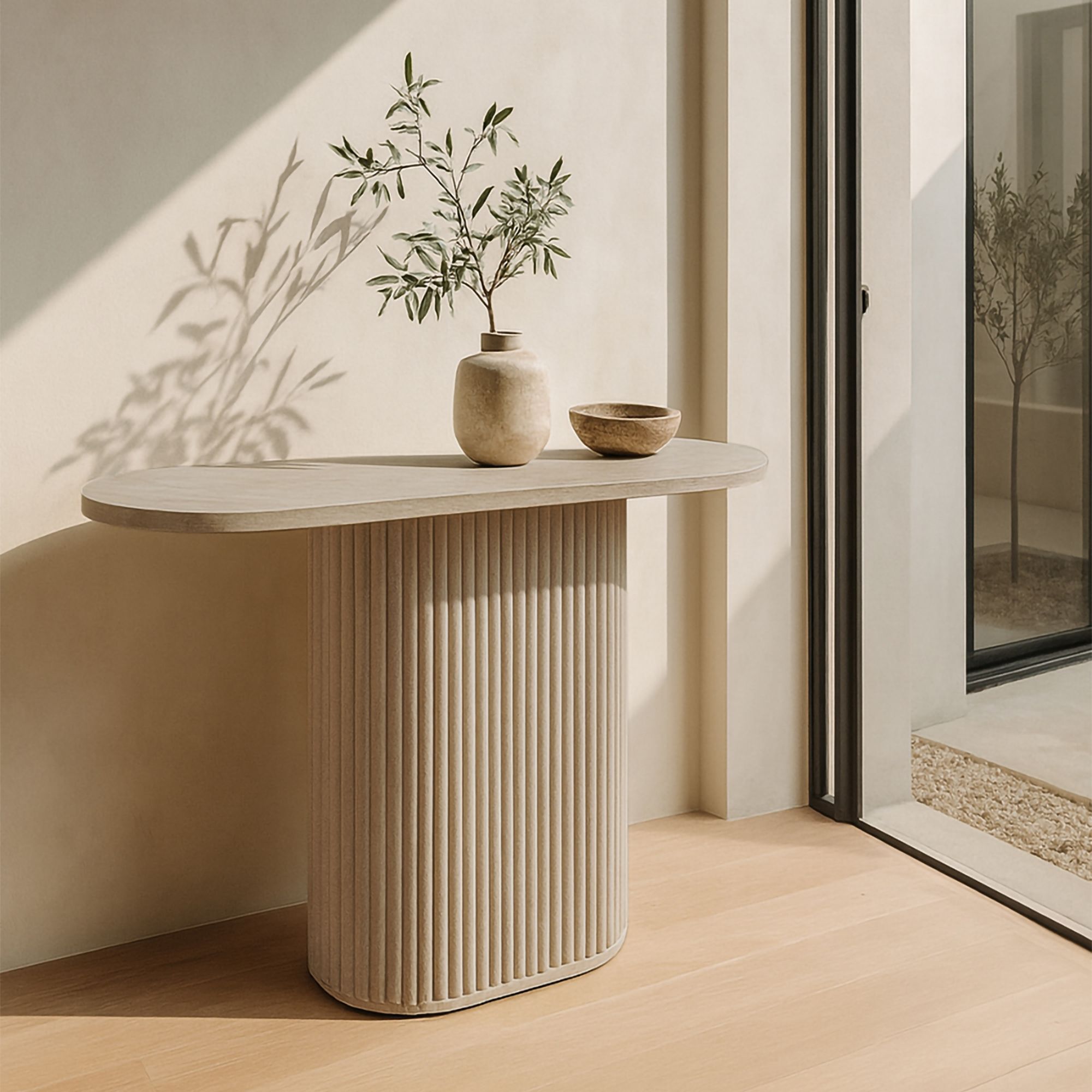 Console ovale en effet travertin et pied strié INAYA