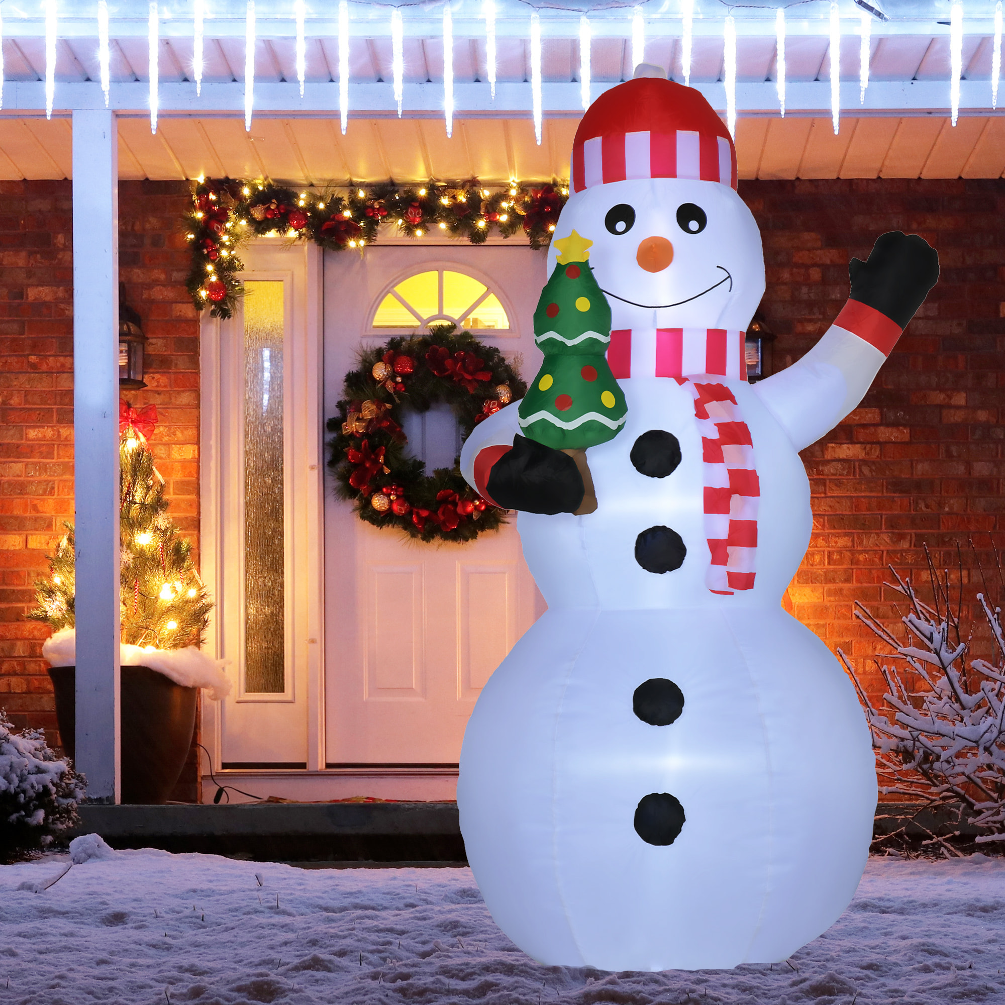 Bonhomme de neige gonflable 3 LED H. 180 cm avec sapin de Noël polyester imperméable blanc