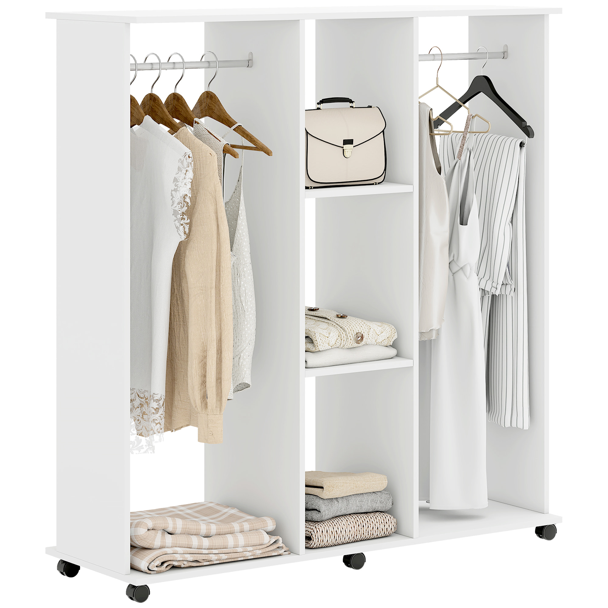 Armoire penderie Meuble de Rangement Mobile 6 roulettes 120L x 40l x 128H cm en bois Blanc